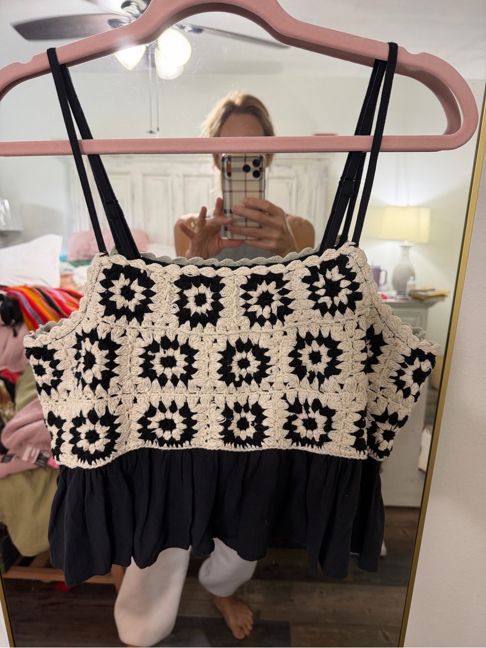 Lucky Brand Black & Cream Crochet Trim Camisole